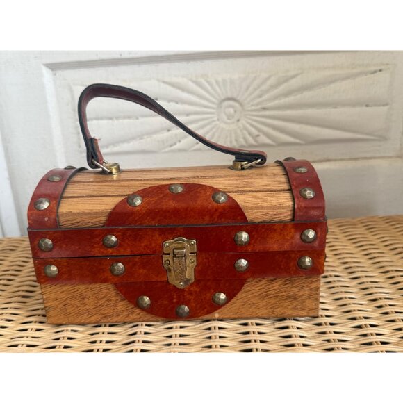 Vintage 50's Mr R Wood Leather Box Purse Treasure Chest - Picture 16 of 16